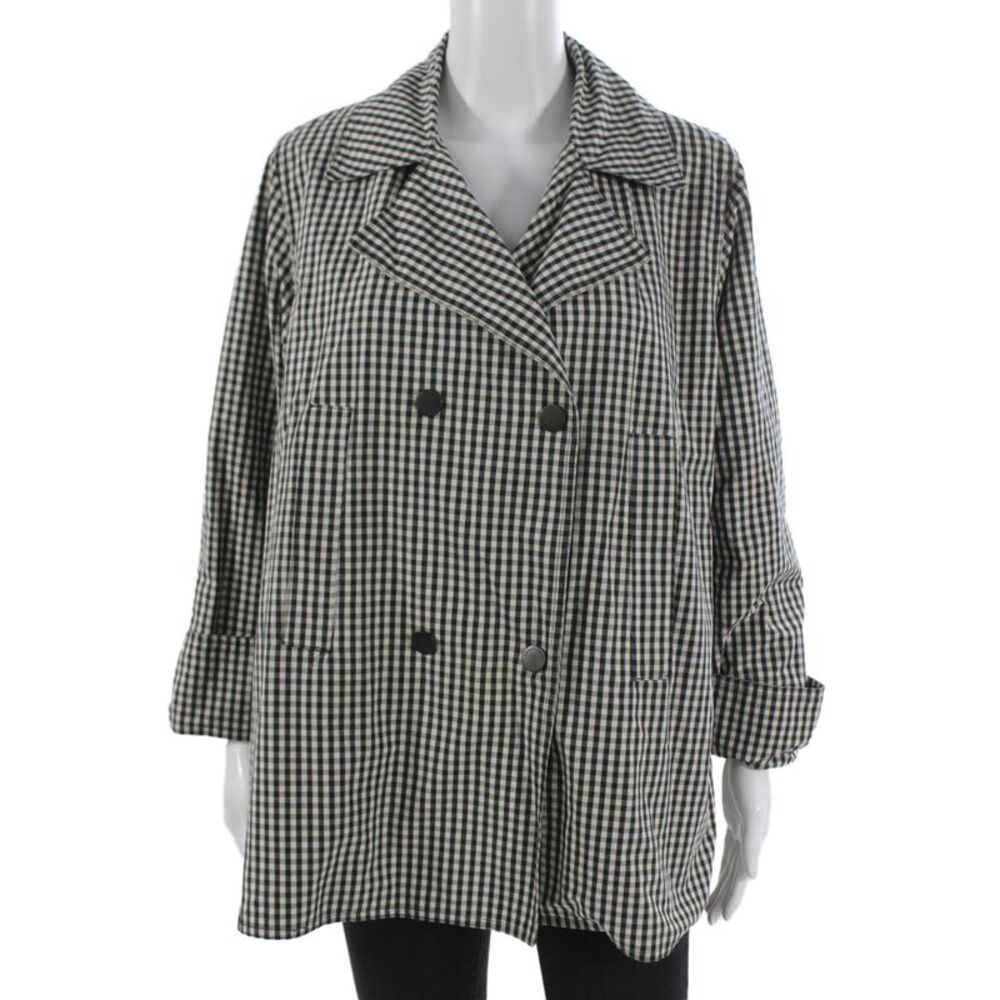 Ramosport Women Black Cotton Check Trench Coat Button Long Sleeve Size M
